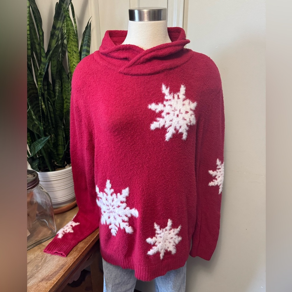Christopher & Banks Red Hooded Snowflake Sweater with White Accents